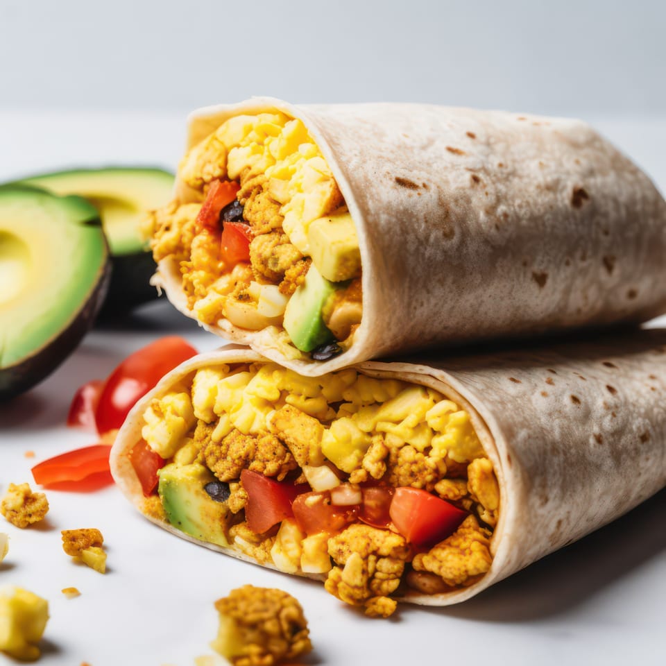 Two Arod's Tex Mex breakfast burritos filled with scrambled eggs, avocado, and tomatoes.