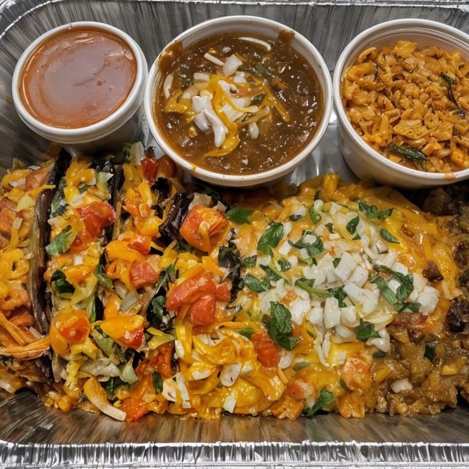 Arod's Tex Mex fajita platter with three sides, including salsa, chili, and crispy noodles.